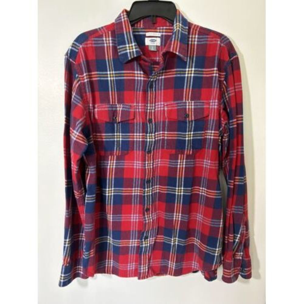 Old Navy Shirt Mens Large Red Blue Button Down Flannel Shirt Plaid